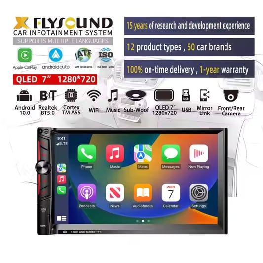 Flysonic upgrade QLED 7 inch 1280x720 screen 2 din navigation car dvd player